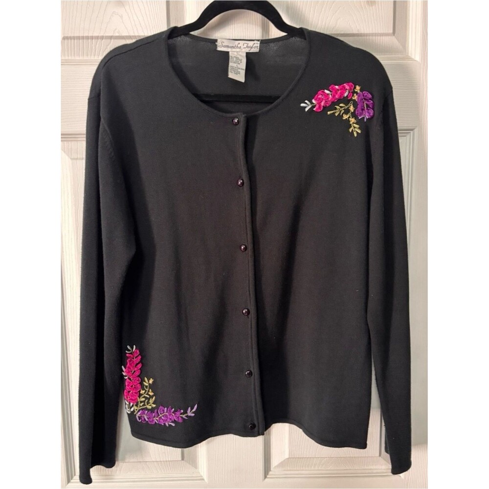 Samantha Taylor Black Cardigan Floral Embroidery Y2K Womens Size L Cottagecore